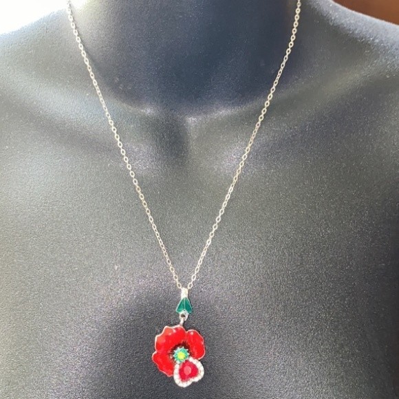 Floral Enamel Pendant Necklace set Red Zircon Silver Chain Dangle Earrings - Picture 2 of 11